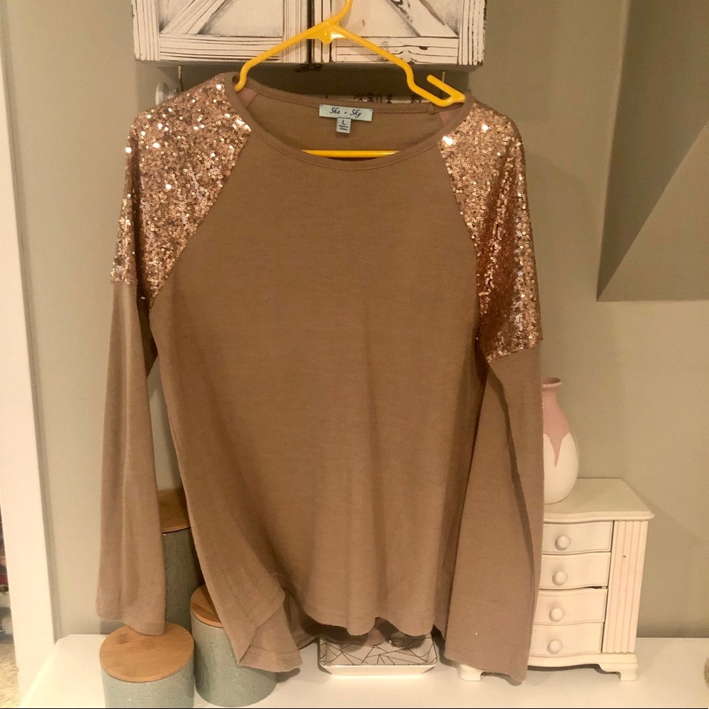 Tan and Gold Sequined Sweater
